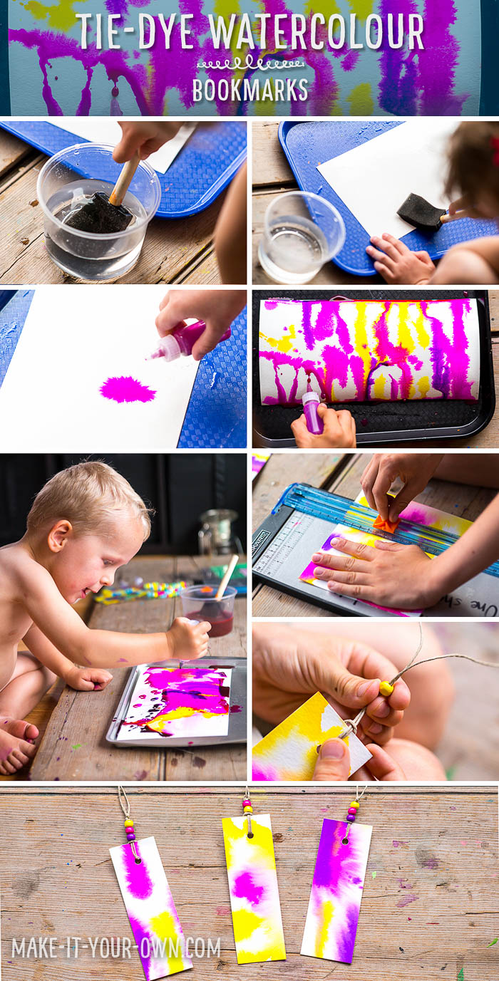 Tie Dye Watercolour Bookmarks:  This simple activity produces beautiful results and would be perfect for summer reading or making a back-to-school bookmark!