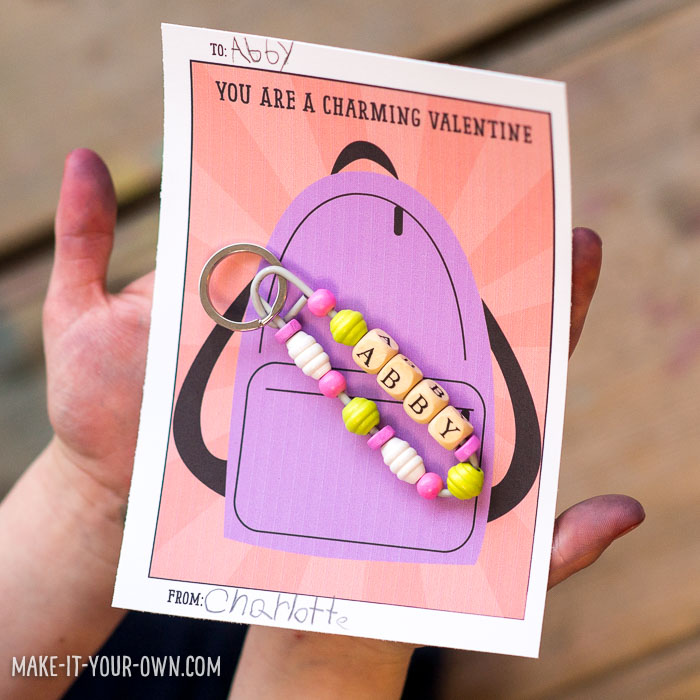 Backpack Charm Valentine:  Make this friendship pin to accessorize your friend's backpack.  Download the free printable card as well!