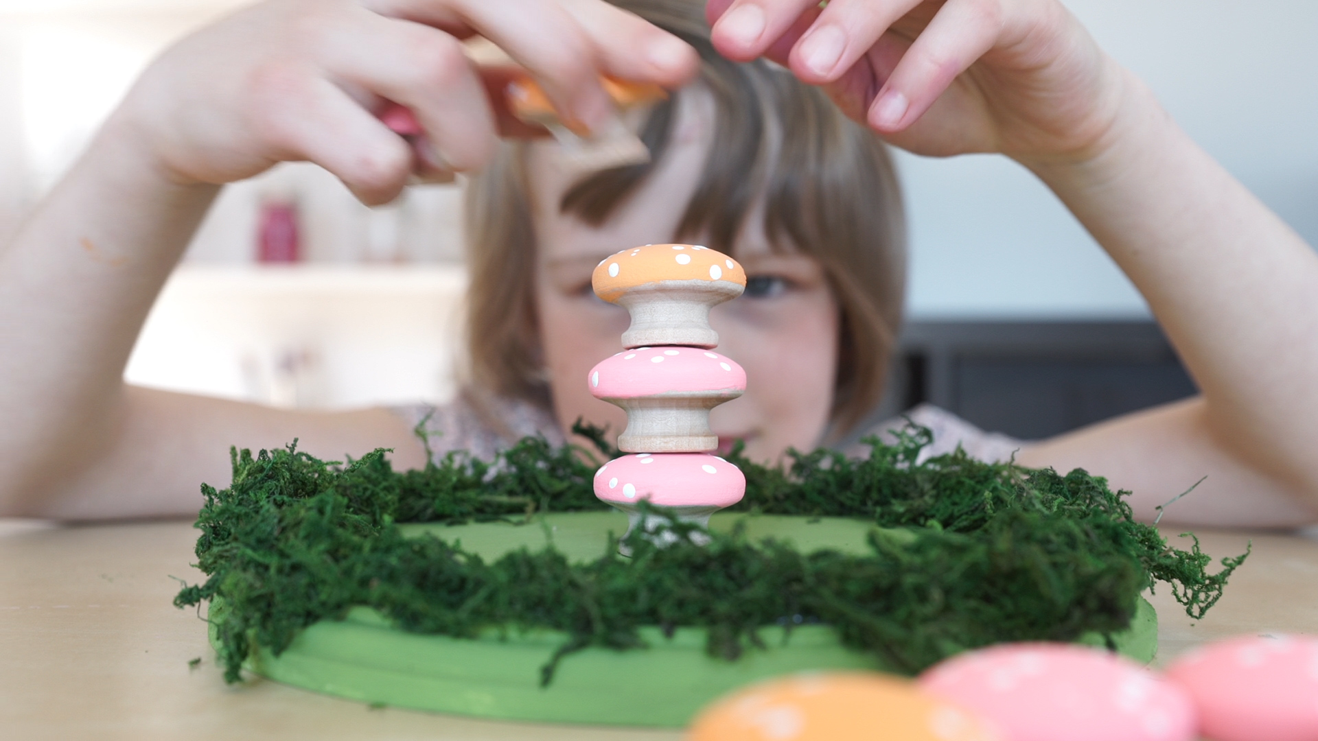 Make mushrooms for learning & play: 1) Sorting by Attributes (size, greater than/less than & colour), 2) Creating letters, 3) Counting/Adding (One-to-one correspondence, Perceptual Subsitizing, Perceptual subitizing) 4) Patterning 5) Tic-tac-toe 6) Stacking etc.