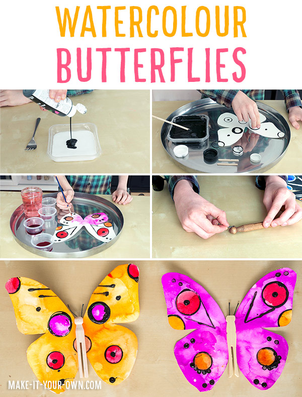 WATERCOLOUR BUTTERFLIES: Use recyclables to create prints with glue and then paint your butterfly with watercolour paints- a perfect project for children to celebrate spring!
