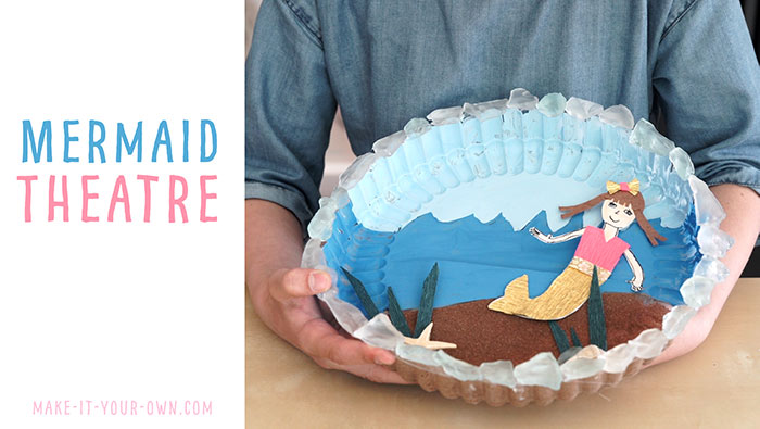 Make a RECYCLED MERMAID THEATRE:  Use your beach treasures and a plastic lid to create this stick puppet theatre for imaginative play! 