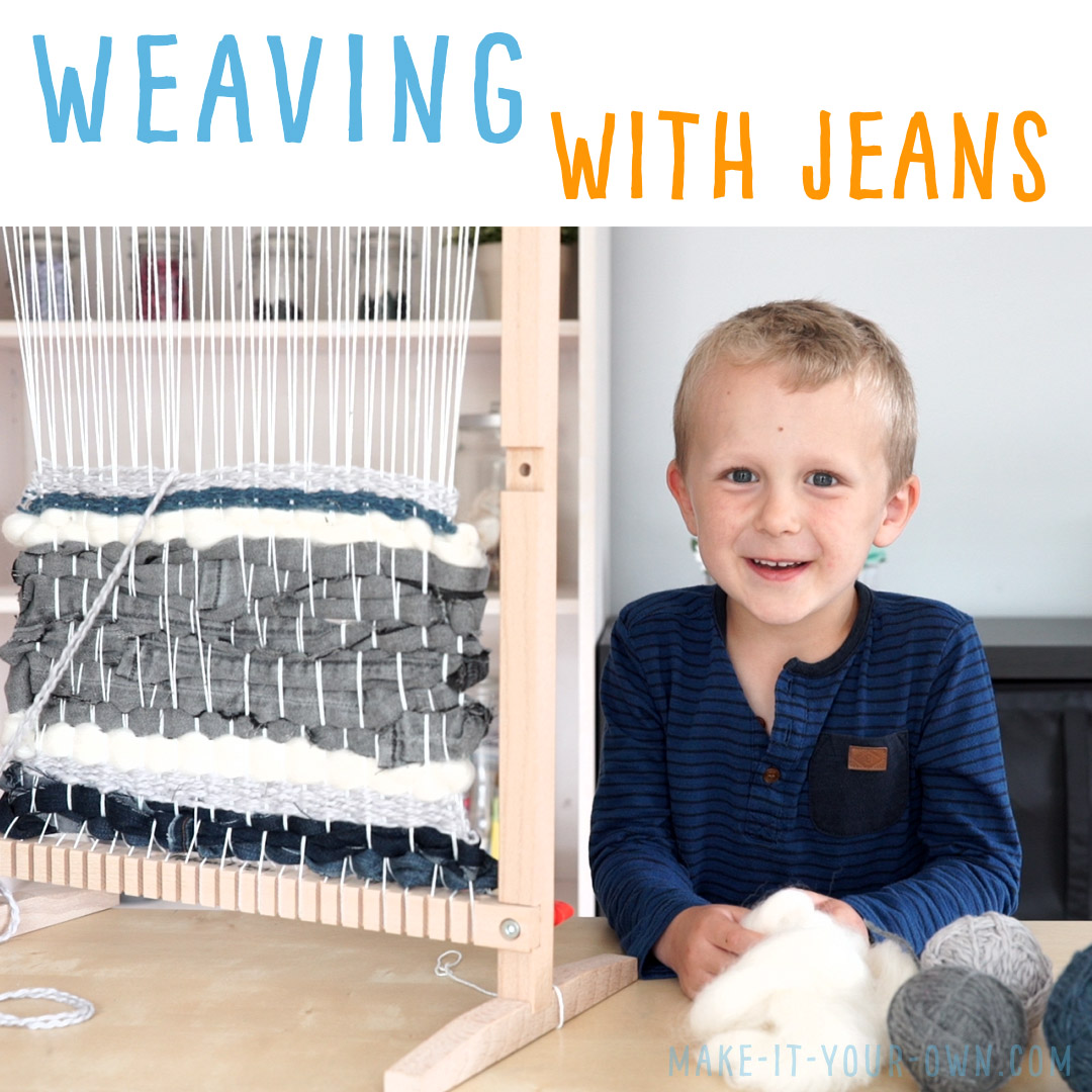Weaving with Jeans:  Reuse your old or ripped jeans to weave with, creating this beautiful kid-made wall hanging! 