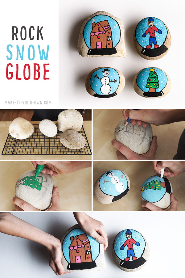 Painted Rock Snow Globe:  We show you some simple techniques and materials to create these rock painted snow globes- perfect for a kid-made Christmas present!  This craft would make a fun winter party idea! 