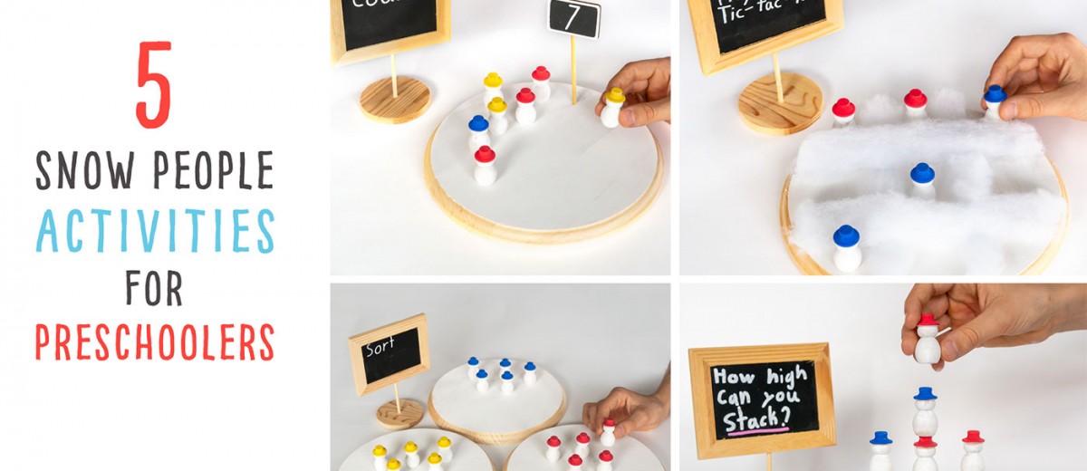 Snow People Learning Activities: Use wooden snow people to sort, count, stack, create patterns and play TIc-Tac-Toe! These are great winter activities for preschoolers and kindergartens to enhance their basic math skills in a hands-on way!