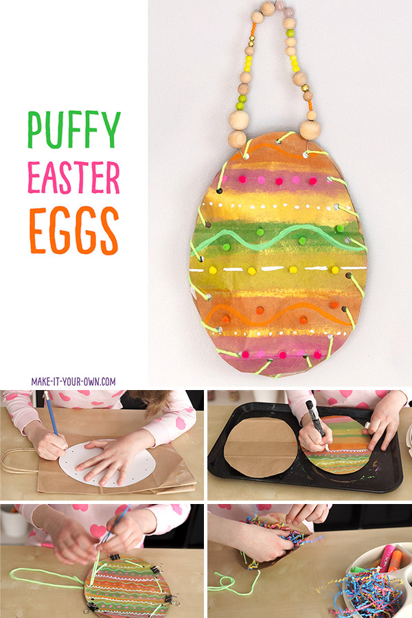 Re-use paper grocery or gift bags to make these sewn puffy Easter eggs!  This spring craft project gets children exploring different types of lines and patterns and developing their fine motor skills with the sewing component! 