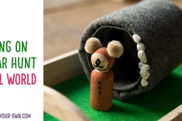 Make this small world inside trays for the the book, "We're Going on a Bear Hunt" to assist your children or students with learning about prepositions and exploring the various scenes of the book. We made peg doll characters of ourselves to play with inside of the story.