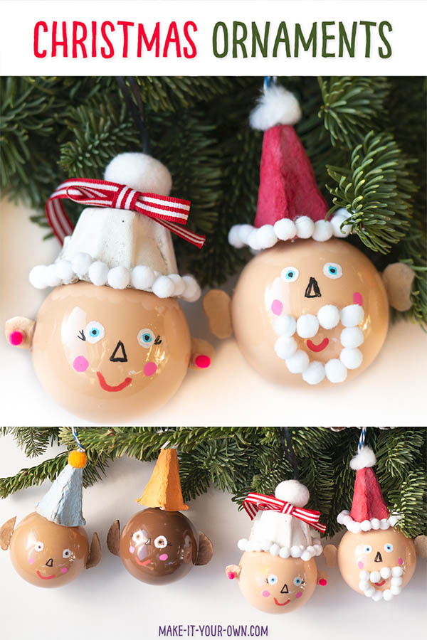 Kids can make these handmade holiday ornaments to hang on their Christmas tree! Transform a clear bauble ornament with a egg carton and some pom poms into these adorable elves, Santa and Mrs. Claus! This DIY Christmas craft is sure to make people smile! #Christmasornament #santaornament #Mrs.clausornament #elfornament #holidayornament #diychristmas #holidaydiy #ornament #christmascraft #wintercraft #recycledcraft #eggcartoncraft #pompomcraft #craftproject #crafttutorial #christmasproject #christmastutorial