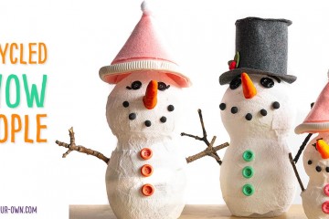 Re-use juice containers to make these three dimensional snow people! This recycled craft is one that children can personalize with items that you have at home, along with a bit of Model Magic. Make a snowman, snow woman and baby to create a whole snow person family for a winter craft scene.