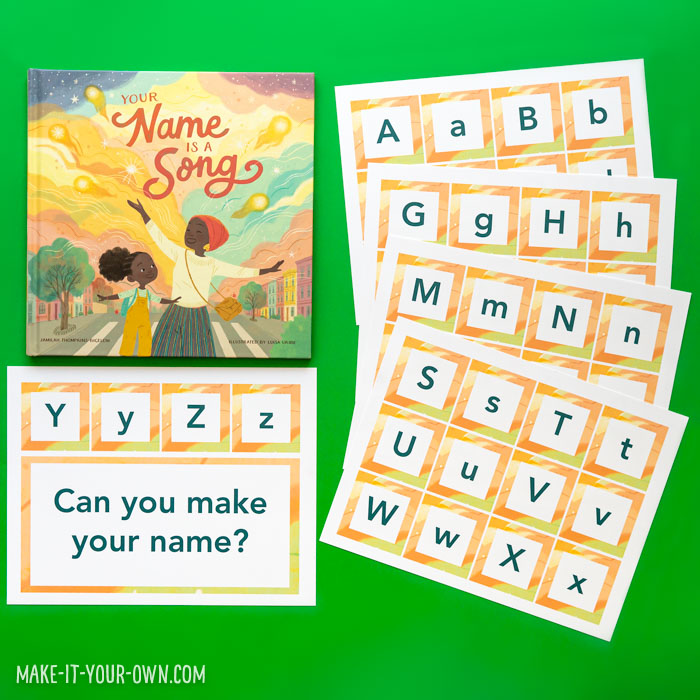 Free Printable Alphabet (Letter Cards) to use along with the book, "Your Name is a Song".  These cards are great for Preschool, Kindergarten or Primary Grade literacy (Grades 1, 2, 3).  We also show you an amazing and inexpensive paper display sign hack! #backtoschool #nameactivities #september #septemberliteracy #alphabet #alphabetcards #letters #lettercards #printableletters #printablealphabet #makingwords #makeyourname #spelling #preschool #kindergarten #grade1 #grade2 #grade3 #teacherhack #teacherresources #printables 