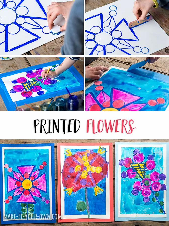 Printing with Recyclables: Flowers with make-it-your-own.com for Let's Lasso the Moon. Use items from your recycling bin, along with 2 types of paint to create these floral beauties!