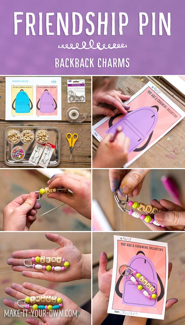 Backpack Charm Valentine:  Make this friendship pin to accessorize your friend's backpack.  Download the free printable card as well!