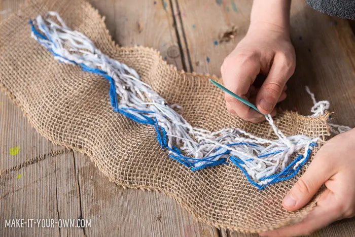 Sew a wave: Create a wave sewing on burlap, inspired by The Great Wave Off Kanagawa