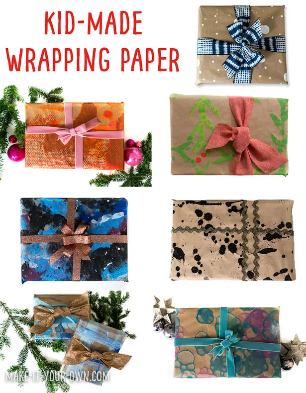 Kid-Made Wrapping Paper Ideas: Children can create their own holiday gift wrap to add a personalized touch to Christmas gifts!
