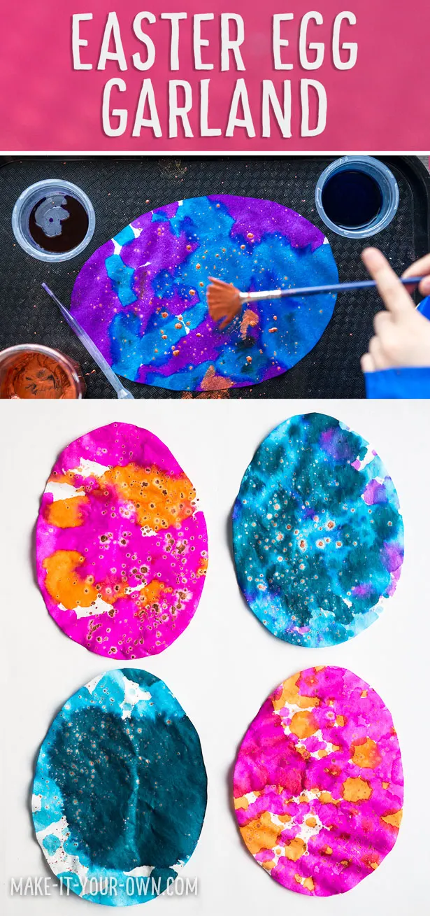 Children in Preschool, Kindergarten and School age will enjoy this painting activity which incorporates pipette painting and splatter painting to make an EASTER EGG GARLAND that would make a beautiful sun catcher!