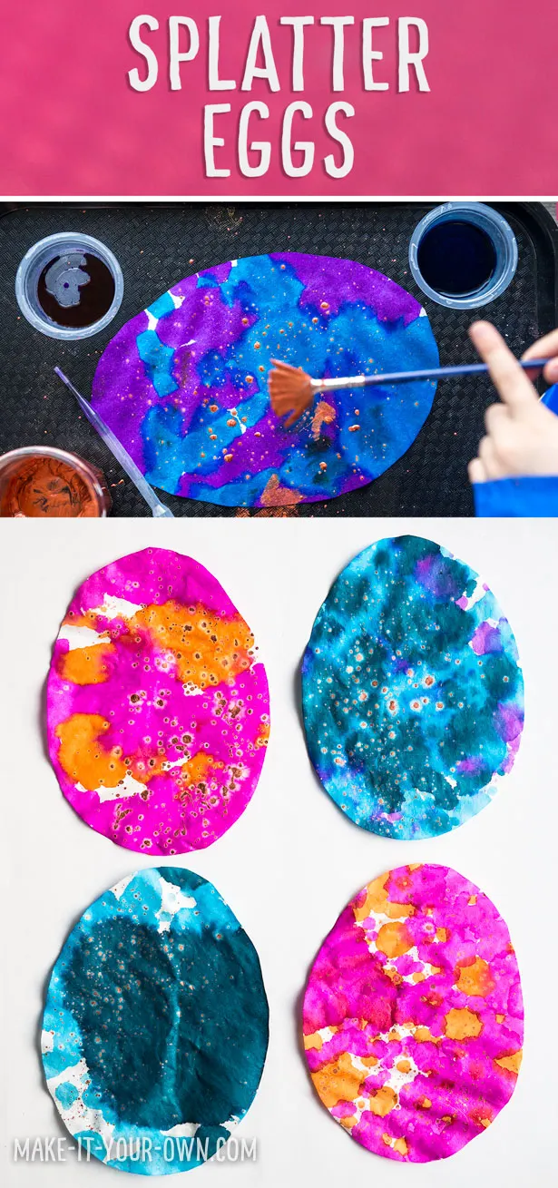 This SPLATTER EGG idea is great for small children to create a garland for Easter. It uses pipettes or droppers to paint with, strengthening their fine motor skills.