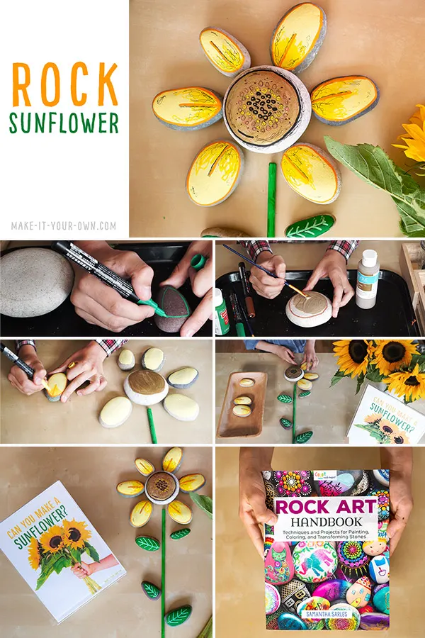Create a ROCK SUNFLOWER inspired by nature and the ROCK ART HANDBOOK which details the best supplies and different types of creative rock painting projects!