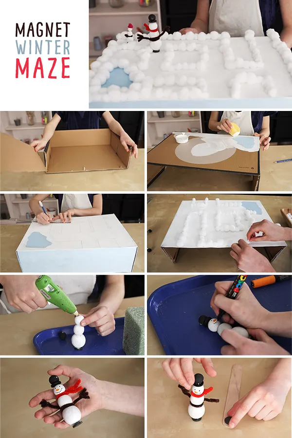 Snow Person Magnet Maze: Make this crafty science project where you move a snowman or snow woman through a wintery scene!  This is a great idea for kids who want to learn more about STEAM (Science, Technology, Engineering, Art and Math)!