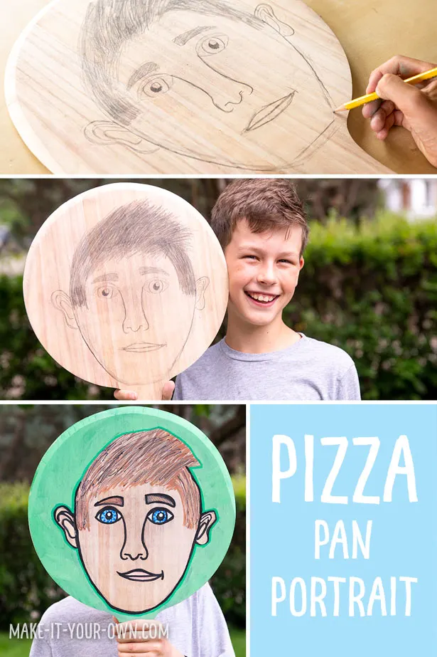 PIZZA PAN PORTRAITS: Use a Pizza server to make a self portrait! These would also make great masks. Perfect for back to school and All About Me units! #portrait #selfportrait #allaboutme #backtoschool #drawingidea #crafts #craftsforkids #art #artforkids