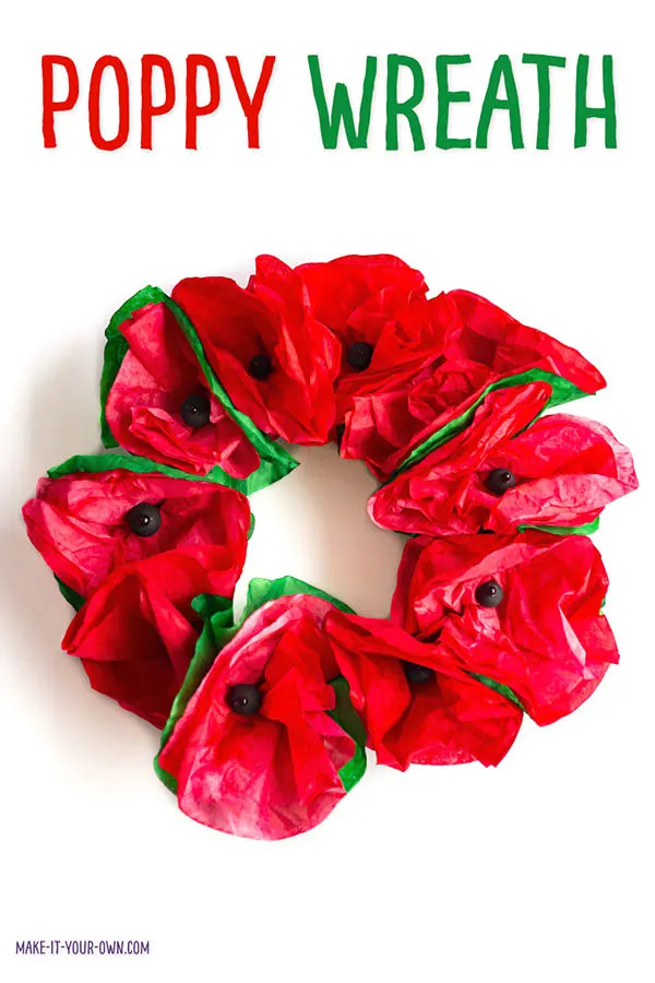 Make this easy and inexpensive coffee filter wreath for Canada's Remembrance Day. Inspired by the poppies of John McCrae's In Flanders Field poem. #remembranceday #remebrancedaycraft #poppy #poppycraft #coffeefilter #coffeefilterflowers #coffeefiltercraft #wreath #coffeefiterwreath #coffeefitlerflowers #anzacday #anzacdaycraft
