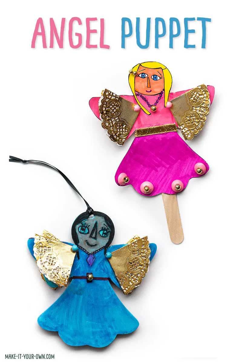 Angel puppet or Christmas tree ornament printable template. Use this pattern to make a handmade ornament craft for kids! #ornament #christmasornament #handmadeornament #christmastreeornament #ornament #ornaments #kidschristmascraft #puppet #puppettemplate #angelcraft #angeltemplate