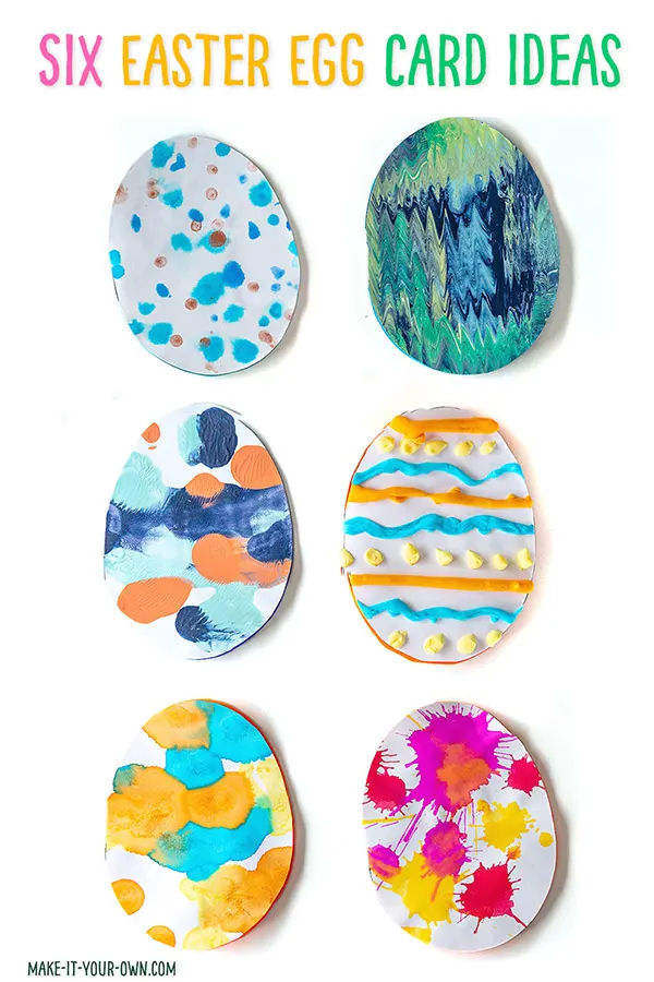 We show you 6 different painting techniques for kids to make their own handmade Easter egg cards!  With the free template and some suggestions to get you started, this kids' craft is sure to be a keepsake!  This Easter craft is good for children in Preschool, Kindergarten and Elementary School.  Which process will you try to decorate your Easter egg?