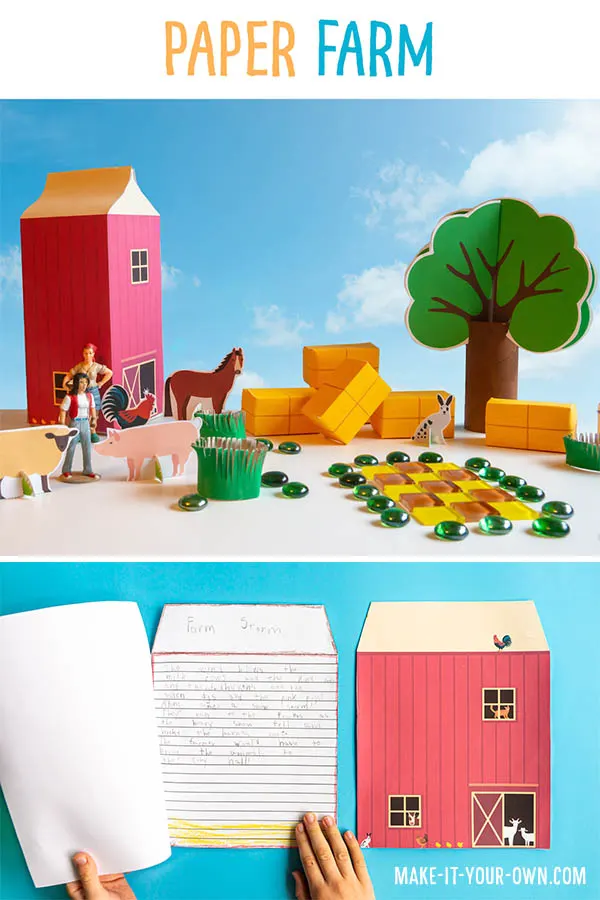 This printable paper farm transforms a 2L milk or beverage carton into a barn and then provides with you with various printables to create a farm!  Also included is a lined barn and cover page for writing your own story, extending your play!  * All items come in a coloured version and one you can colour yourself*  The templates included are:  1) Standing paper animals  2) Stackable hay bales  3) Paper roads that connect together  4) Paper train tracks to connect together 5) A paper pond  6) 3D paper trees 7) Writing booklet (lined pages & cover) 8) Story planner  #papercrafts #papercraft #farm #downonthefarm #farmtheme #milkcartoncraft #recycledcraft #kidscrafts  #writingbooklet