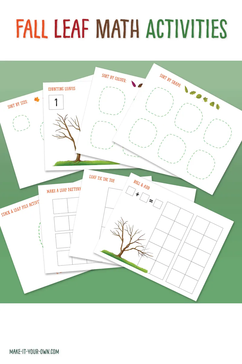 Using the printables, children can practise these math skills through a Fall theme: - Counting within a 10 frame  - Patterning  - Sorting (by size, shape and colour) - Adding through a "Roll and Count" game  And a few activities just for fun: leaf tic tac toe and stacking and blowing over a pile of leaves (great for developing one's fine motor skills)