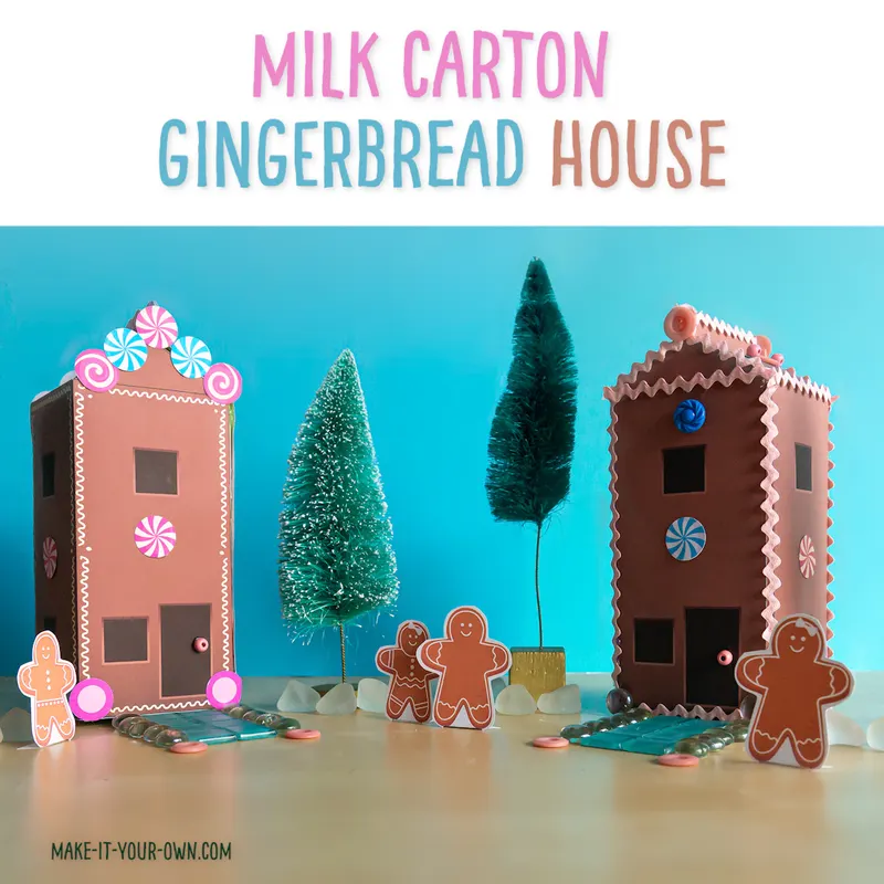 Use these printables to turn a juice or milk carton into a 3D gingerbread house! Complete with printable gingerbread people, trees and paper candies to decorate! This makes a great Christmas small world play scene for kids using recyclables!