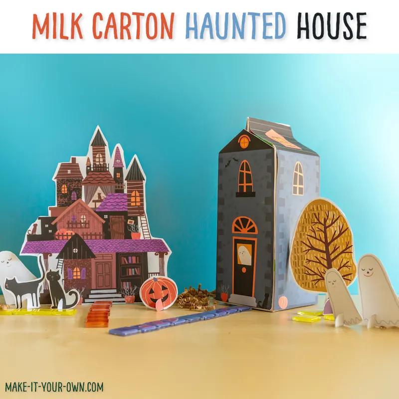 Milk Carton Haunted House: Use a beverage carton to make this recycled Halloween craft! These printables are great for kids' to make and play with, making their own small world! (Printable includes play props as well)