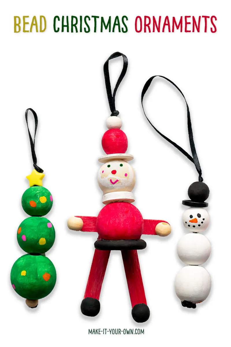 Beaded Christmas Ornaments: We show you how to make a snow person/ snowman, Santa and a Christmas tree ornament all out of wooden beads! These cute holiday ornaments make a wonderful children's craft (and develop their fine motor skills in the process). See the video tutorial with the steps on our website. #christmas #christmasornament #ornament #hoidays #holidayornament #beadedornament #beadornament #beadcraft #kidcraft #kidscraft #santa #christmastree #snowman #snowperson #crafttutorial #craftinstructions #christmascraft