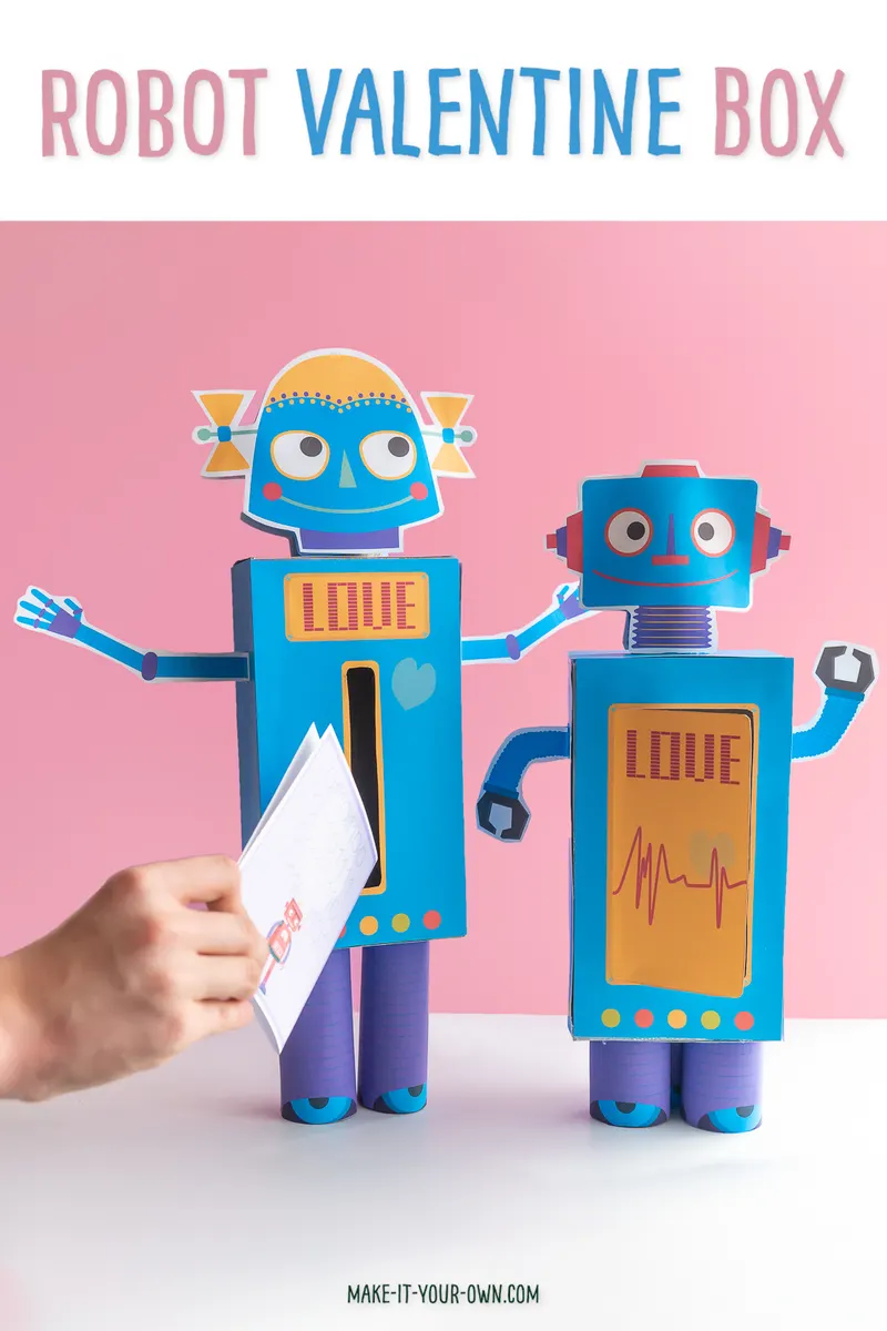 Robot Valentine's Day Box: With these printables and recyclables (a Kleenex tissue box and cardboard tubes), make these adorable Valentine boxes! Additionally, there are two card options for school Valentine's Day cards! This kids' Valentine' Day craft is one to surely impress!